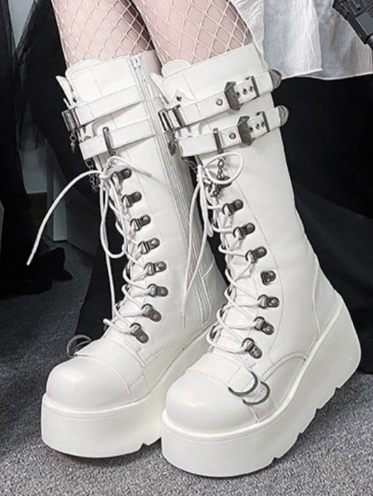 Boots Gothic Buckle Platform PU Accents - White Knee-High