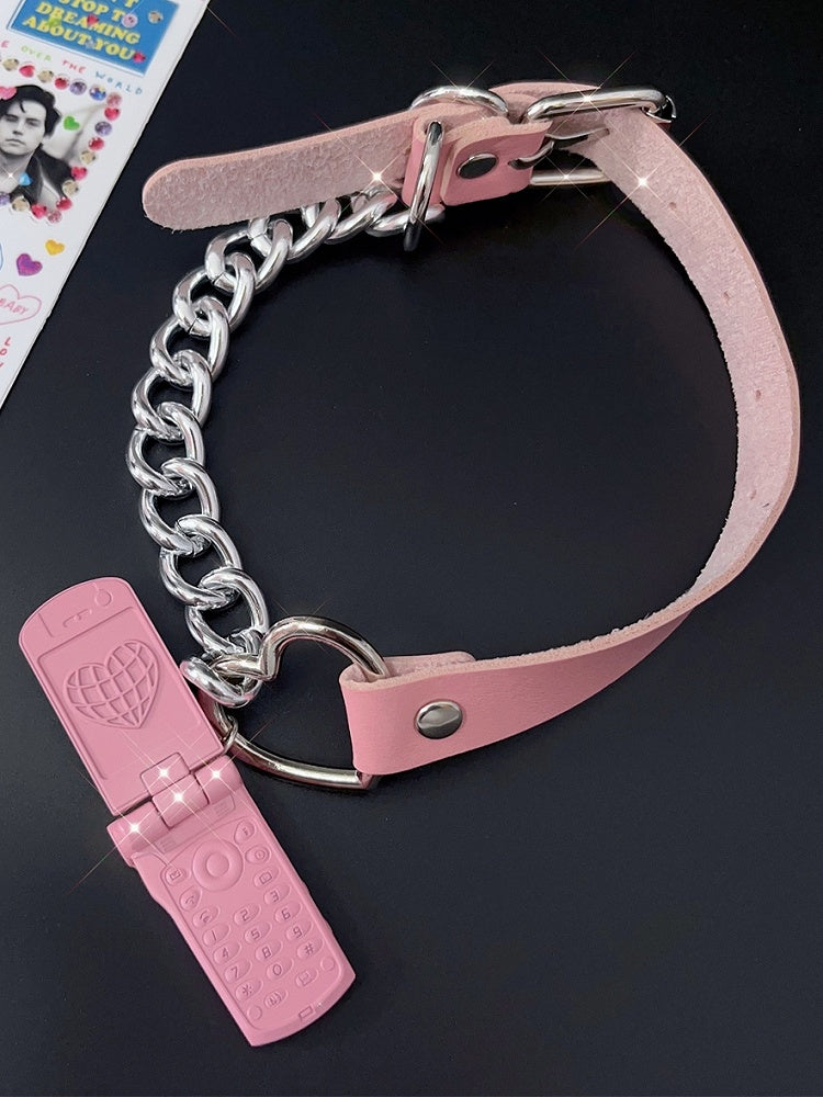 PU Pink/Silver Phone Y2K Pendant Choker
