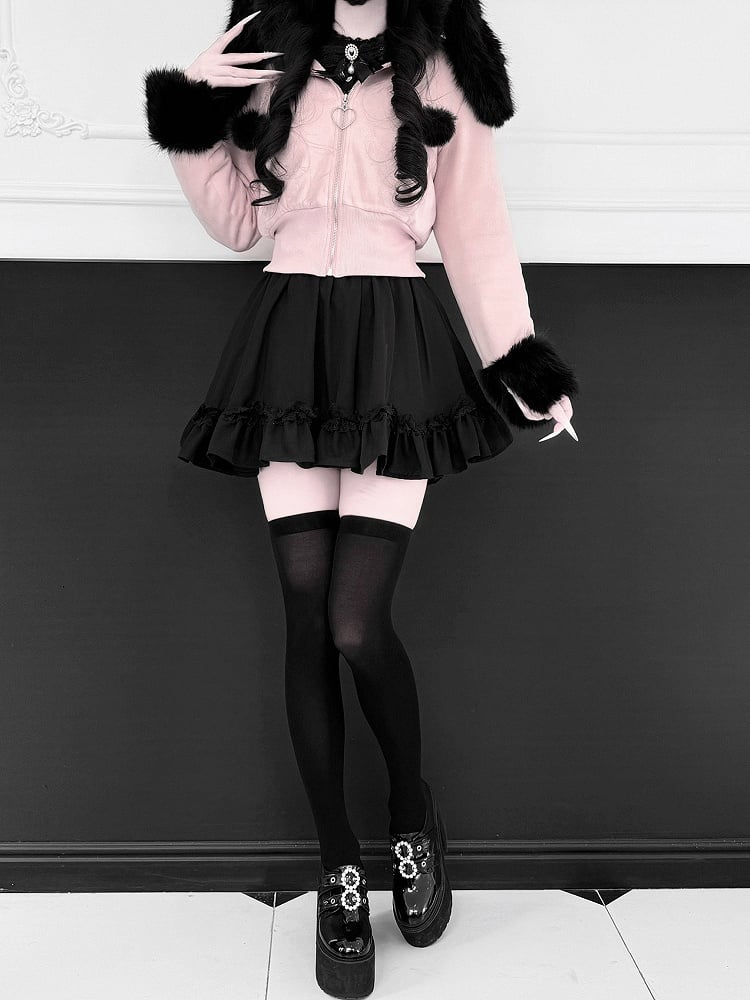 with Jirai Jacket Collar Bunny Padded Short Warm Black Fur Cuffs Ear and Pink Kei Hooded