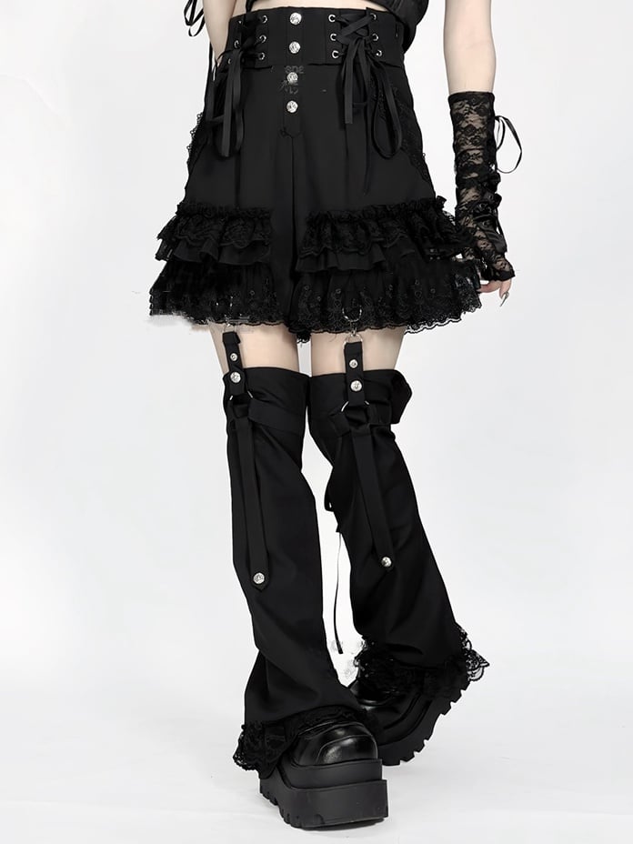 Lace Jirai Black/White/BlackWhite Warmers and with Waist Y2K Shorts: Kei Trim in Tiered Leg Detachable Lace-Up