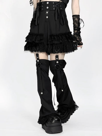 Lace Jirai Black/White/BlackWhite Warmers and with Waist Y2K Shorts: Kei Trim in Tiered Leg Detachable Lace-Up