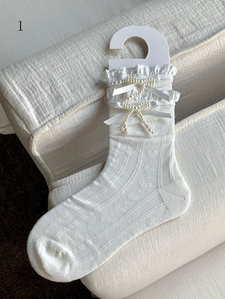 Decorated Lace Beaded White Bowknot Trim Socks