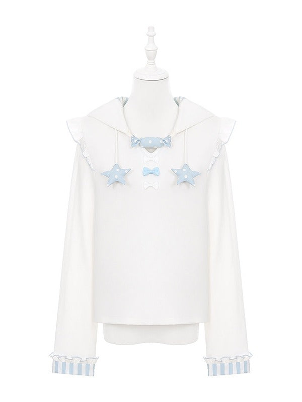 Light Blue & White Striped Long Sleeve Hoodie with Bunny Ear Design - Puppet Bombs