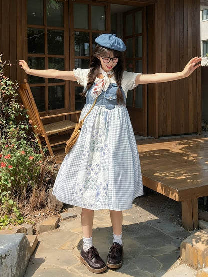 Mori Denim Overallkleid Blau kariert und florales Patchwork-Design Kei