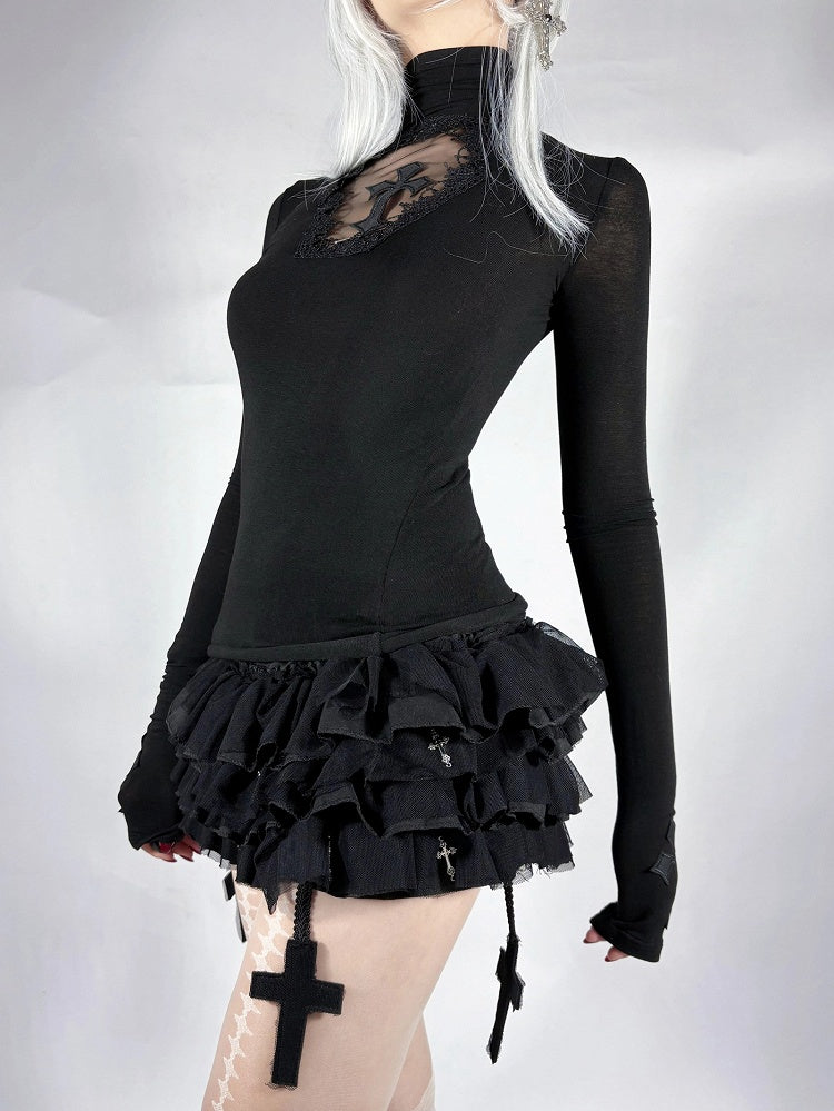 Gothic Black Cross Charms Tiered Ruffles Tulle Skort