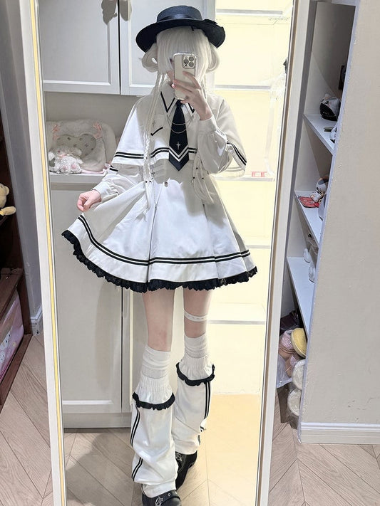 Warmers Dress Jirai 4-Piece Cape - Leg + Ruffled White Sailor-Collar Set Necktie Kei Long-Sleeve