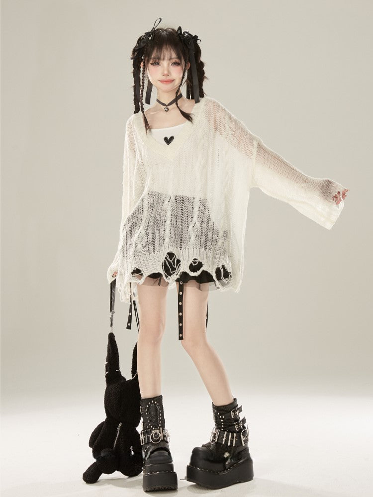 Hem Hollow-out White with Distressed V-Neck Knit Top Hole