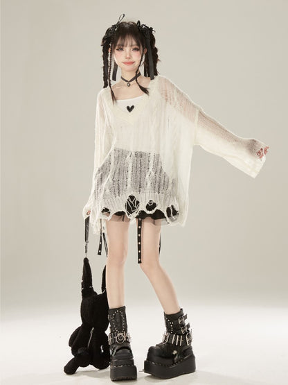 Hem Hollow-out White with Distressed V-Neck Knit Top Hole