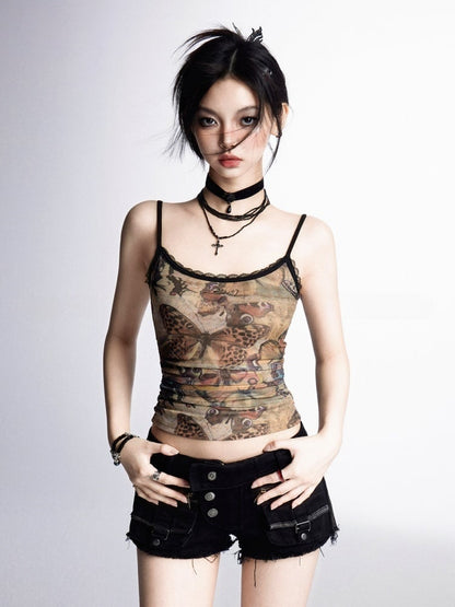Mesh Cami Top Bittersweet Wasteland Punk Braun Schmetterlingsdruck