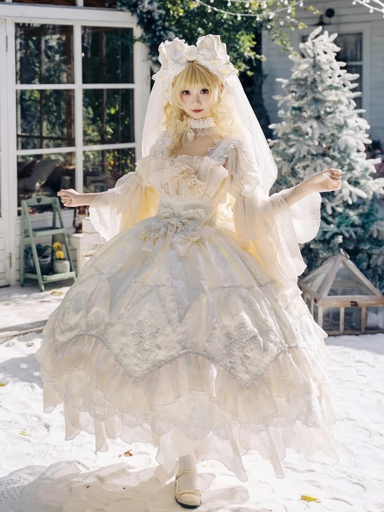 Lolita Dress JSK Ruffles Flowing Hanayome Yellow Version Rose Layered Accents with Long Light