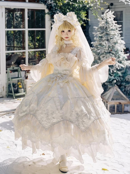 Lolita Dress JSK Ruffles Flowing Hanayome Yellow Version Rose Layered Accents with Long Light