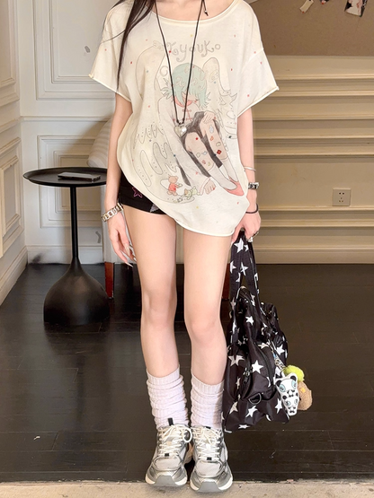 Cartoon Round Neck T-shirt Angel Print Apricot