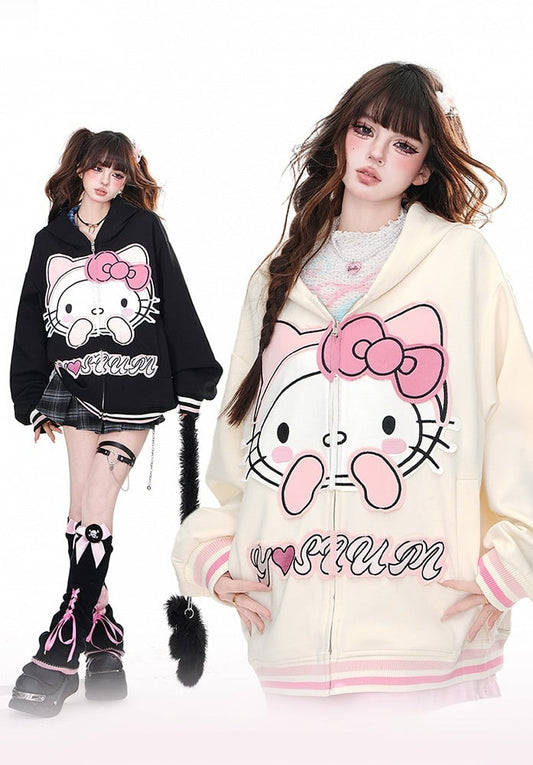 Apricot/Black Kitty Embroidery Oversized Zip Closure Hoodie