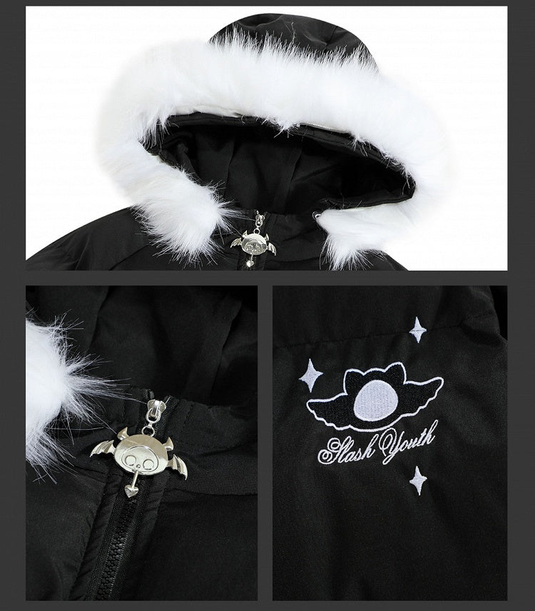 Schwarz/rote Pufferjacke mit Kapuze „Little Devil“ und gratis Ita-Tasche