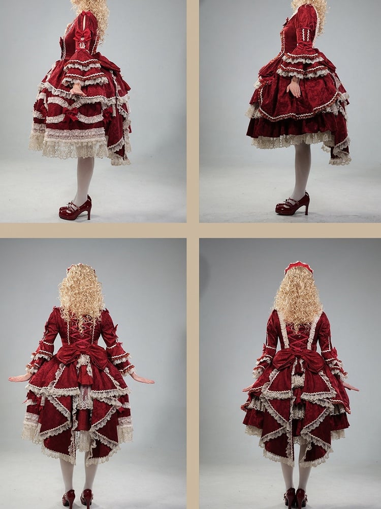 Elegant Wine Red Hime Dress with Bell Sleeves, Bowknots & Layered Skirt - Strawberry Cocoa Lolita
