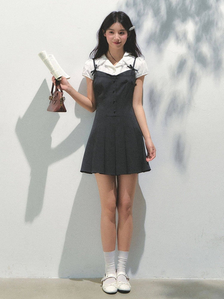 Dark Dress Elegant Bow Gray Details with Fake Two-Piece