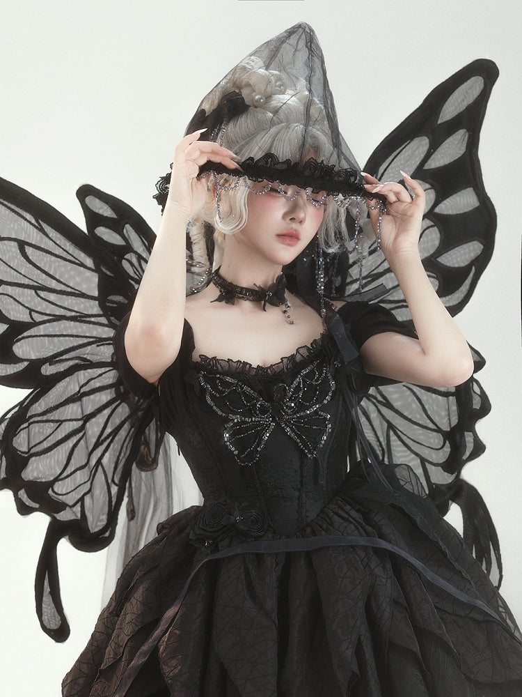 Butterfly Motif Puff Sleeve Lolita Top and Asymmetrical Hem Skirt Set in Black - Sweet Wood Lolita