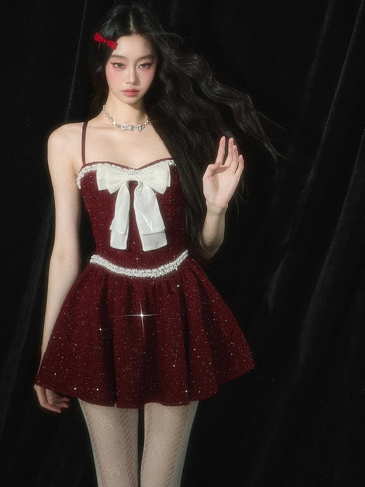 Weihnachtsrotes Tweed-Unterkleid mit Schleife und Perlendetails