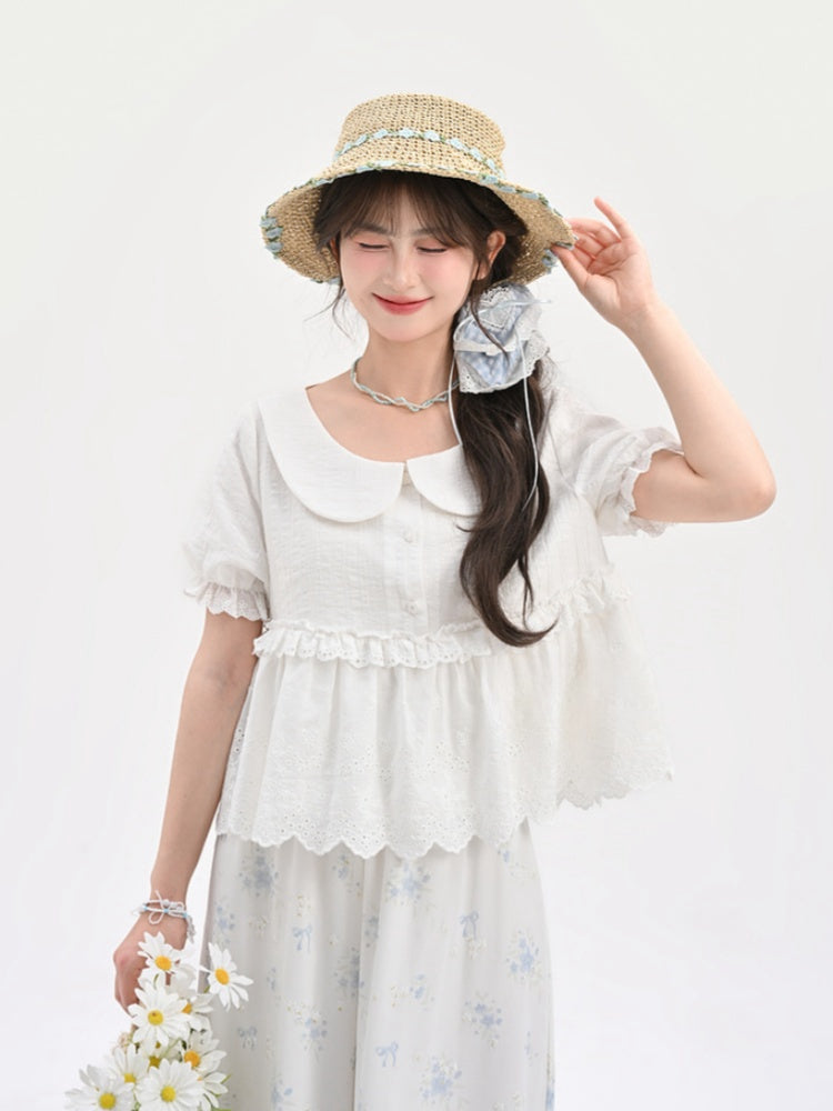 レーストリムブラウス ホワイト ピーターパンカラー パフスリーブ