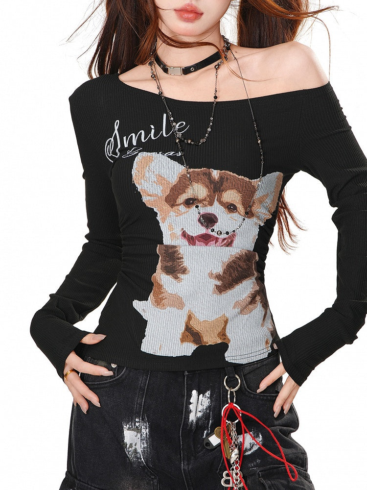 Schwarz/weißes Slim-Fit-Top mit asymmetrischem Ausschnitt und Welpen-Print