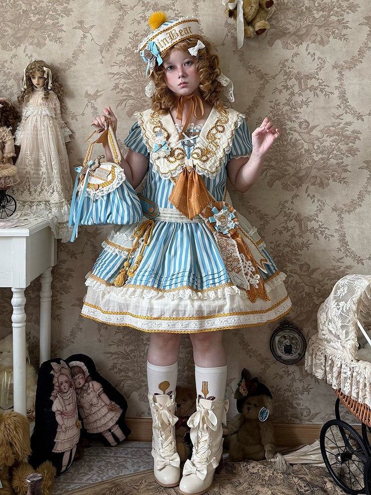 Striped Low Waist Sailor Lolita Dress with Embroidered Collar - Twin Bear Original Design