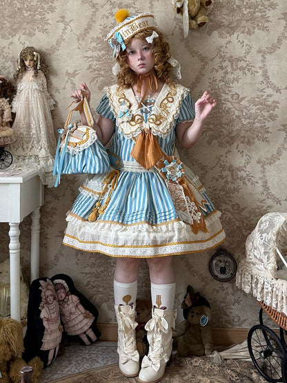 Striped Low Waist Sailor Lolita Dress with Embroidered Collar - Twin Bear Original Design