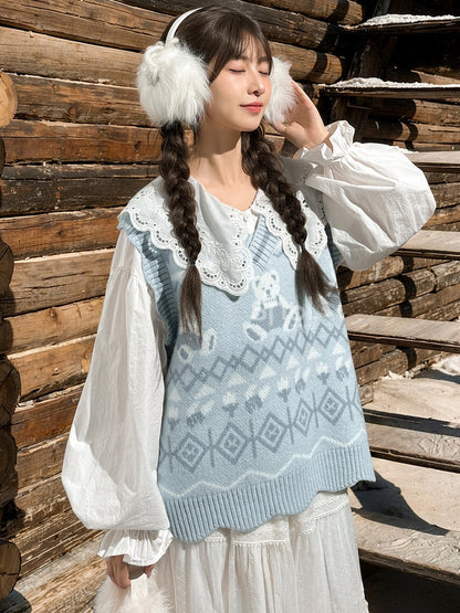 Blue Teddy Bears Pattern Scalloped Edge Trim Vest