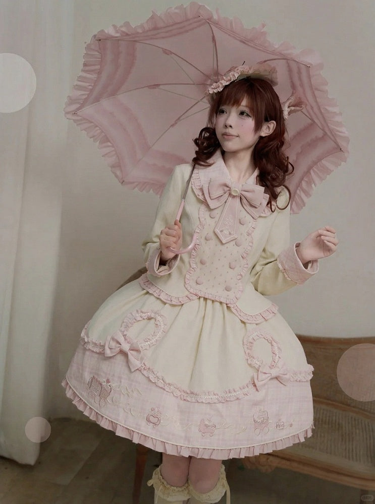 Sweet Pink Beige Adjustable Strap Skirt with Heart Bow Details - U.Rtto