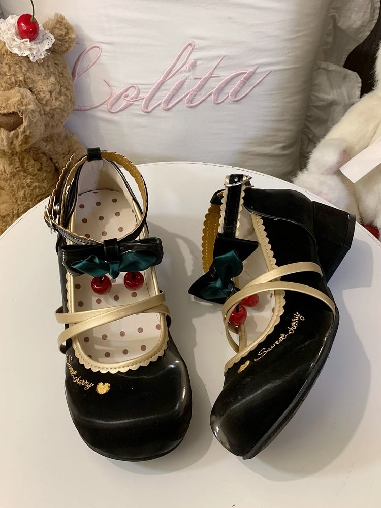 Low-heel Mary Cherry Heart Black Snap Janes Sweet Embellishments Lolita with