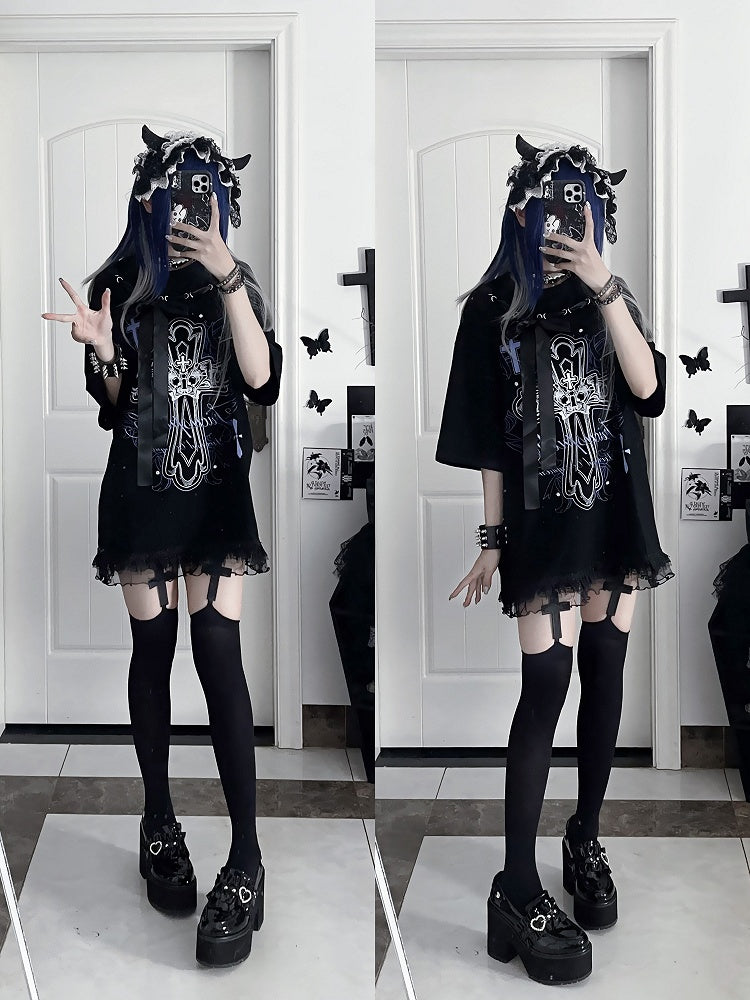 T-Shirtwith Letter Gothic Cotton Black Bow Ribbon Print NecklinePurple