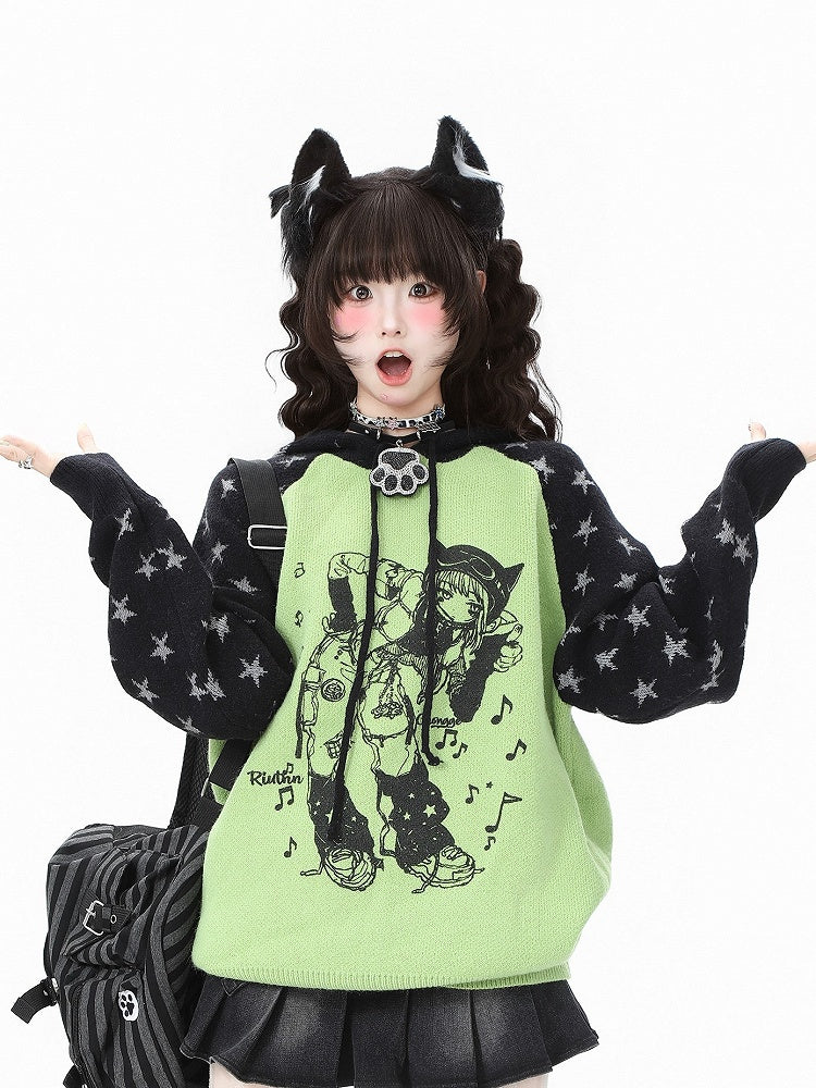 Orange Cartoon Kawaii - Pattern Pink/Green Sweater Girl and Star Drawstring Daily Hood