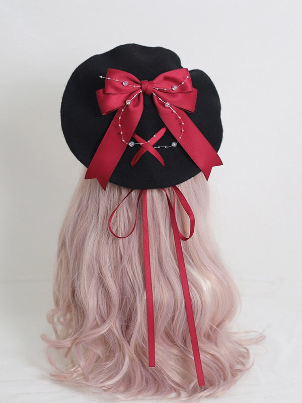 Black With Lolita / Red Dark Beret Bowknot Ribbon Gentle
