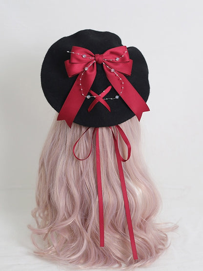 Black With Lolita / Red Dark Beret Bowknot Ribbon Gentle