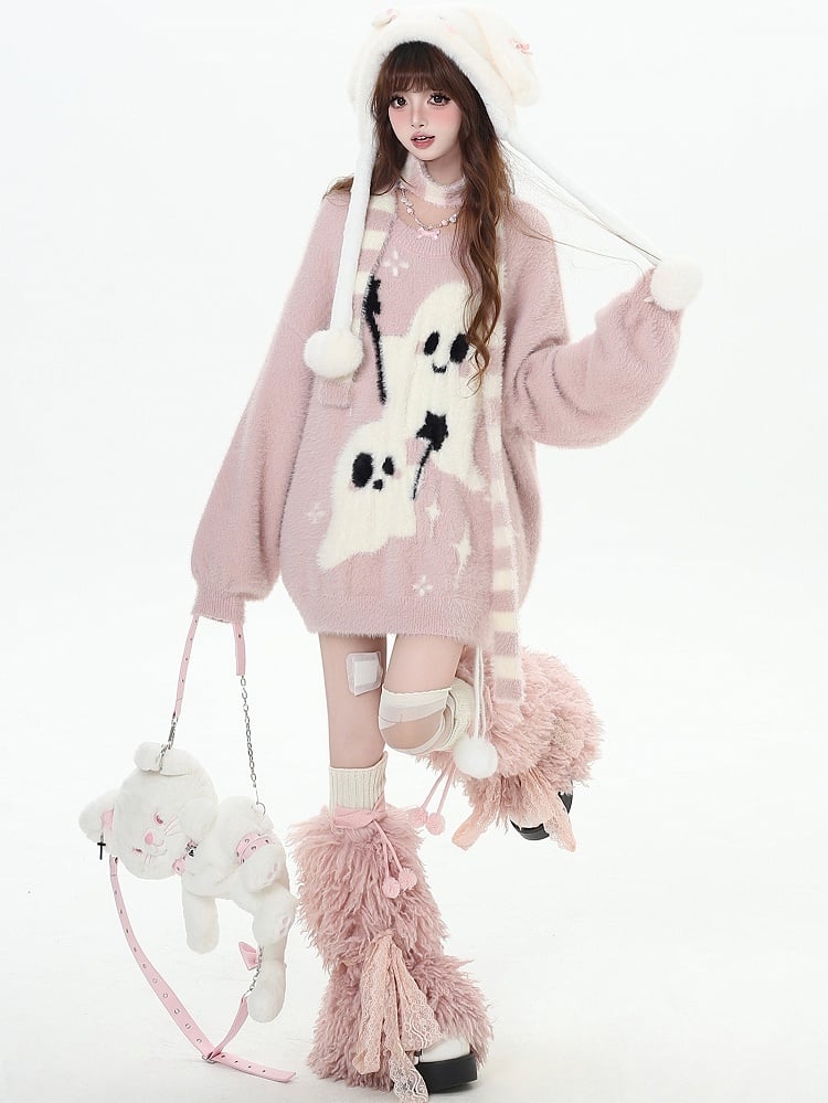Ghost Sweater Pattern Scarf Striped with Pink/Black/Red Kawaii