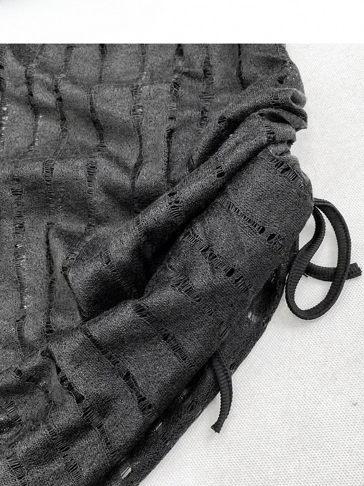 Cutout Sleeves Detail + Top Asymmetrical Hem Long Black Scarf