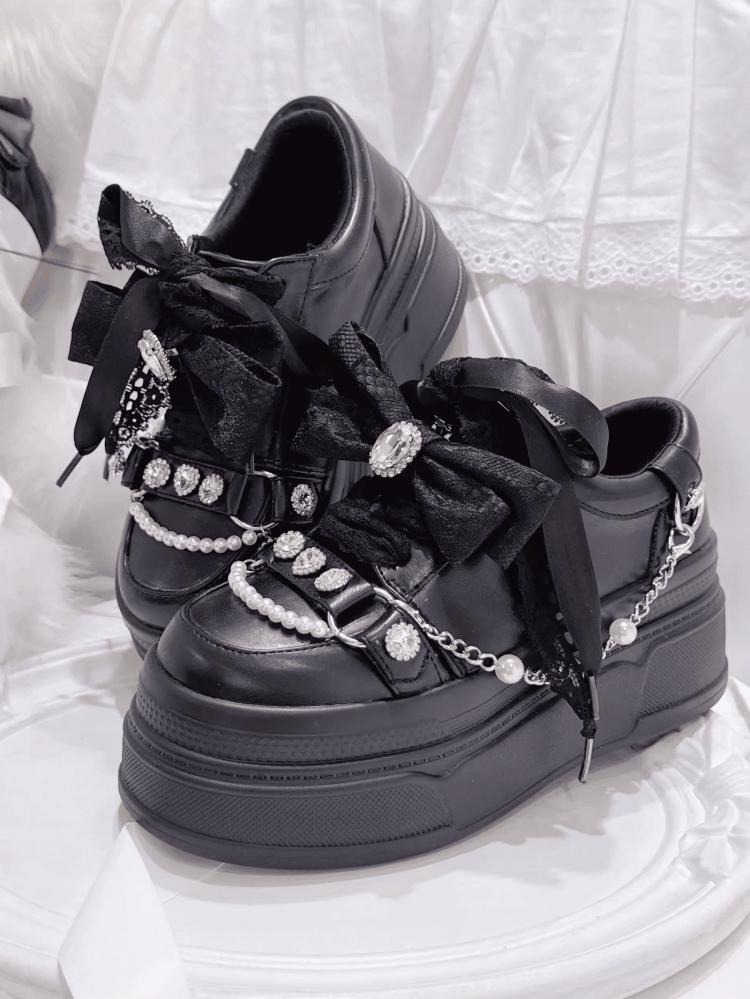 Top at Jirai Kei Black Bow Platform Sneakers with