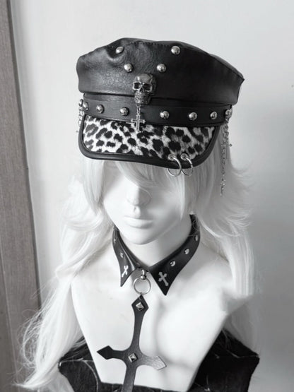 Nietenhut Kreuz Charm Punk Leopard PU Y2K Gyaru Mode