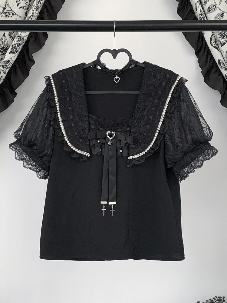 Black Jirai Kei Sailor Collar Blouse with Choker Set - Virtual Paradise