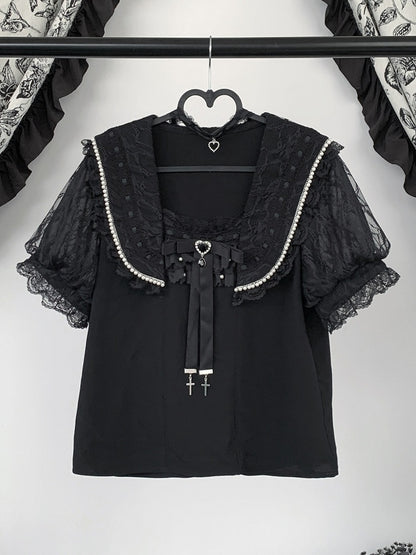 Black Jirai Kei Sailor Collar Blouse with Choker Set - Virtual Paradise