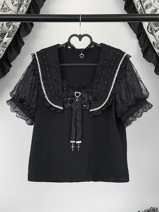 Black Jirai Kei Sailor Collar Blouse with Choker Set - Virtual Paradise