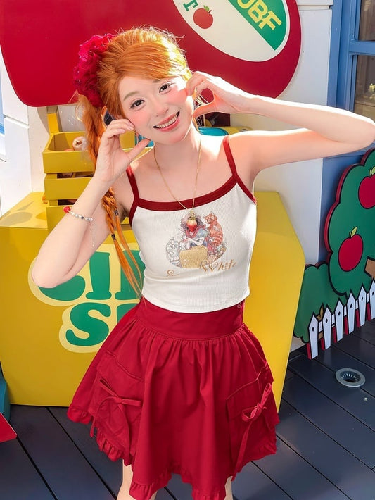 Snow White Vibes Contrast White Graphic Cami Top Red Trim Cropped