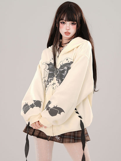 Apricot/Pink Bat Wings Bow Print Zip Hoodie