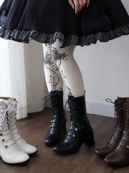 Black Ouji Mid Calf Lolita Boots Lace Up Buckle Accent Style - MODO