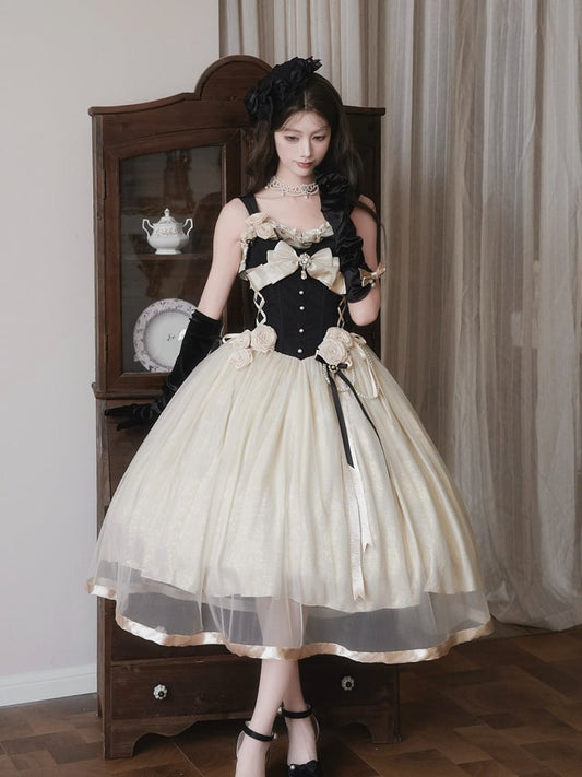 JSK Corset Nœud Abricot avec Ornements Roses en Perles - Qian Mu
