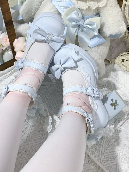 with Design Romantic Clasp in High Heels PU Openwork Lolita Sweet Floral Block Blue Heel