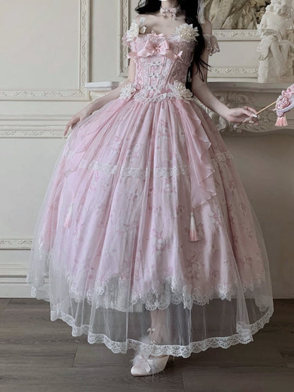 with Long Version Pink Jasmine-Embellished Buttons Top + Print Lolita Skirt Corset Frog Floral