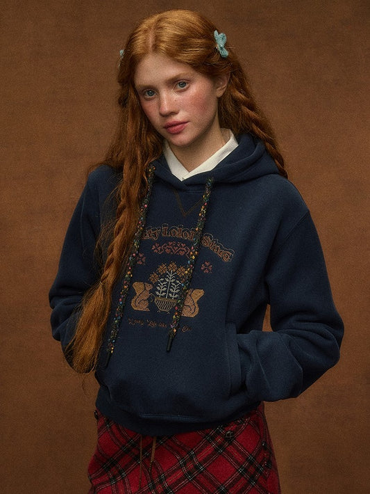 Squirrel Hoodie - Embroidery Blue with Navy Vintage Preppy Style