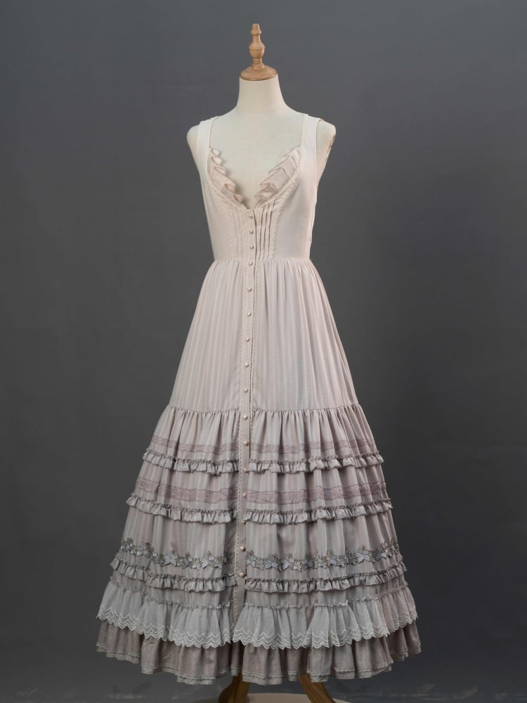 Lilien-Stickerei-Applikation, mehrlagiger Saum, lila, klassisches Lolita-Kleid, Knopfleiste vorne