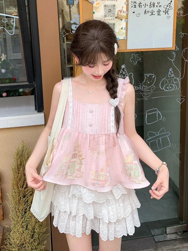 Flutter Bear Print Sleeveless Top Sweet Pink Sleeves Cartoon