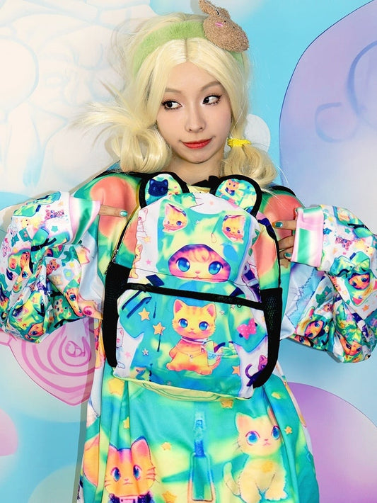 Backpack Green Cat Print Ears Y2K Bear